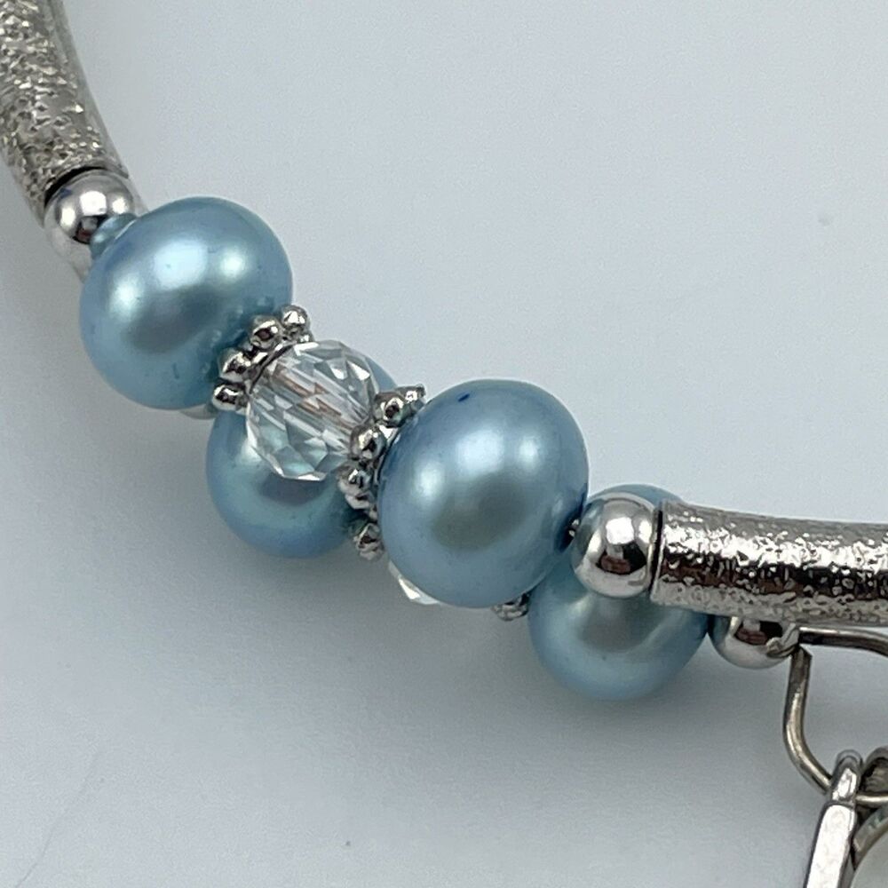 Vantel Pearls Silver Tone Blue Pearl Memory Wire Bracelet Cute Beaded Stunning - Picture 6 of 6